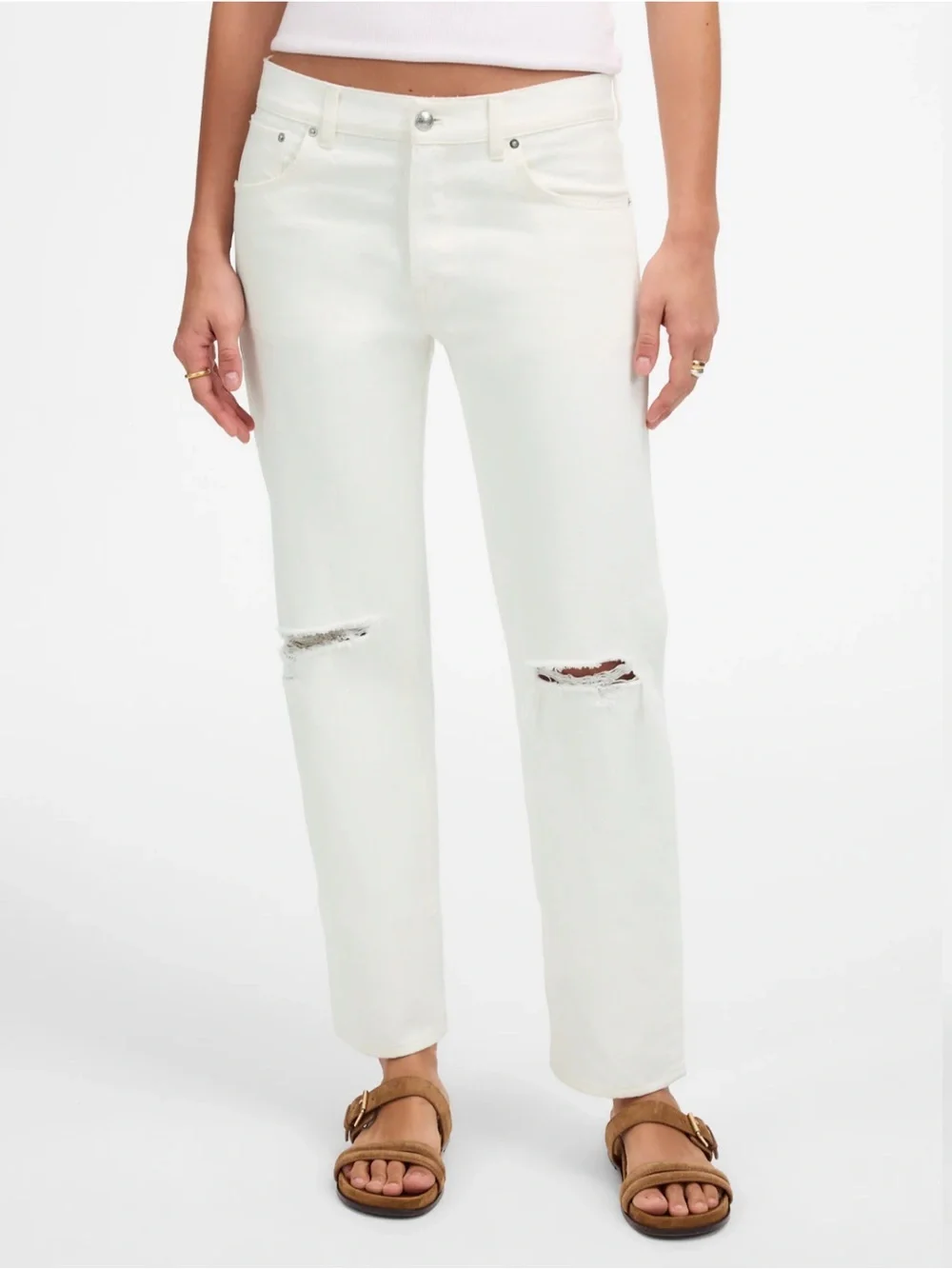 Madewell The Dean Easy Straight Crop White Cotton Torn Denim Jean Size 32 NWT